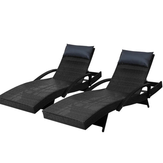 Gardeon Set of 2 Sun Lounge Outdoor Furniture Wicker Lounger Rattan Day Bed Garden Patio Black Summer Shield