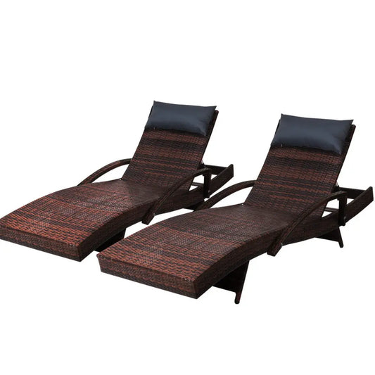 Gardeon Set of 2 Sun Lounge Outdoor Furniture Wicker Lounger Rattan Day Bed Garden Patio Brown Summer Shield