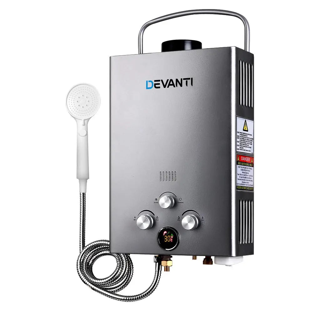 Devanti Portable Gas Water Heater 8LPM Outdoor Camping Shower Grey Summer Shield