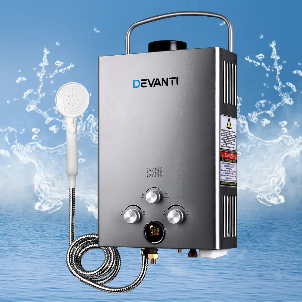 Devanti Portable Gas Water Heater 8LPM Outdoor Camping Shower Grey Summer Shield