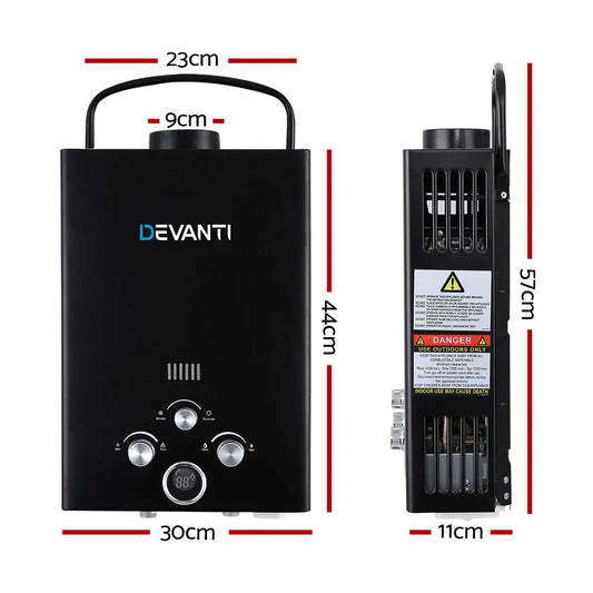 Devanti Outdoor Portable Gas Water Heater 8LPM Camping Shower Black Summer Shield