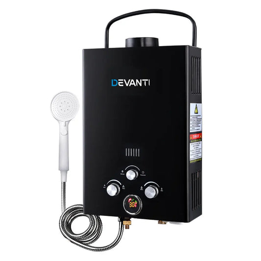 Devanti Outdoor Gas Hot Water Heater Portable Camping Shower 12V Pump Black Summer Shield