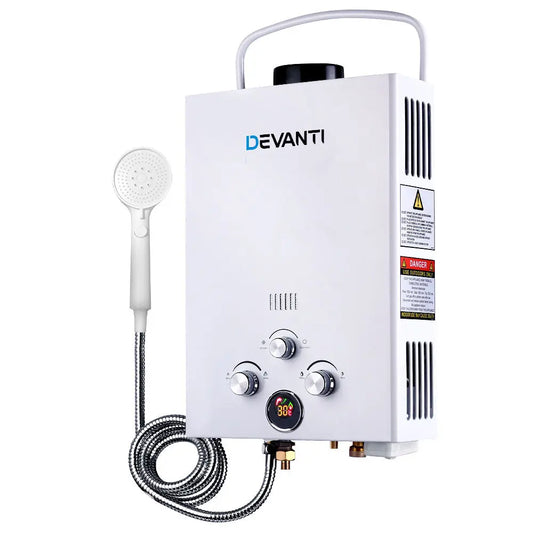 Devanti Portable Gas Water Heater 8LPM Outdoor Camping Shower White Summer Shield