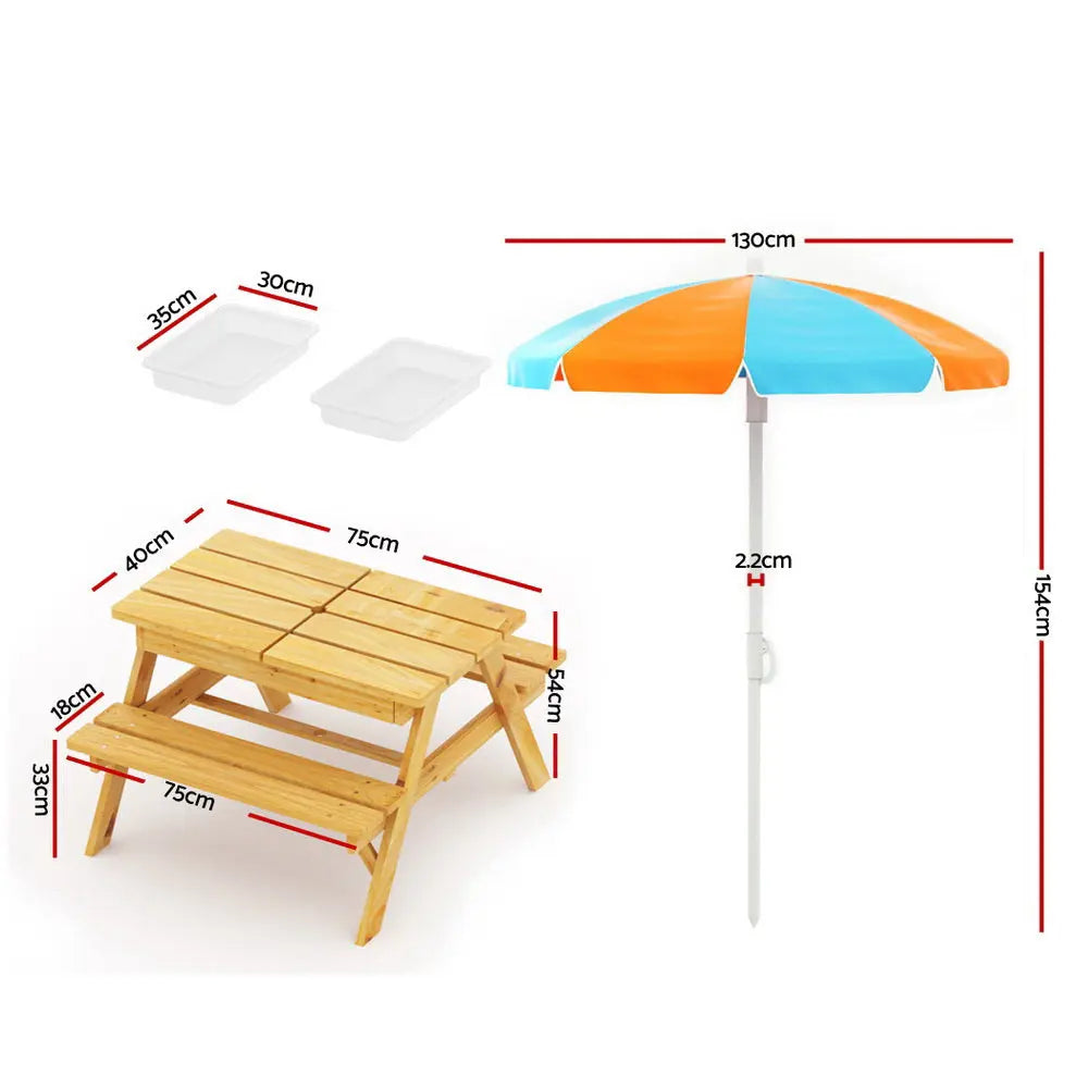 Keezi Kids Outdoor Table and Chairs Picnic Bench Set Umbrella Water Sand Pit Box Summer Shield