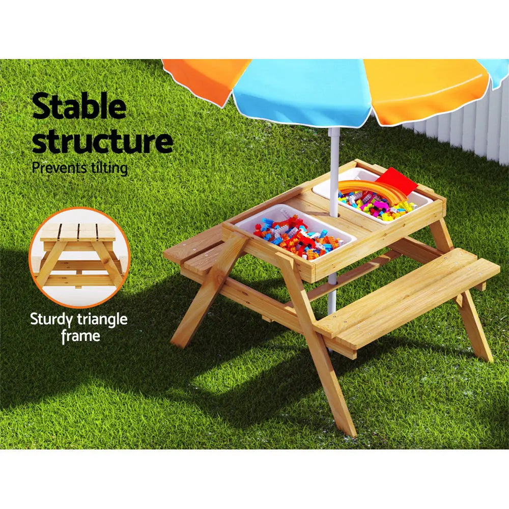 Keezi Kids Outdoor Table and Chairs Picnic Bench Set Umbrella Water Sand Pit Box Summer Shield