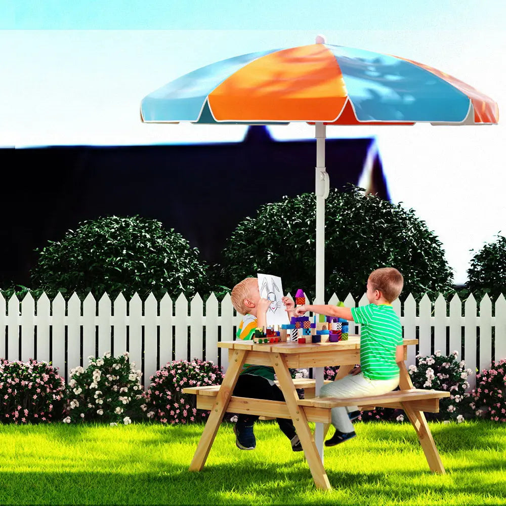 Keezi Kids Outdoor Table and Chairs Picnic Bench Set Umbrella Water Sand Pit Box Summer Shield