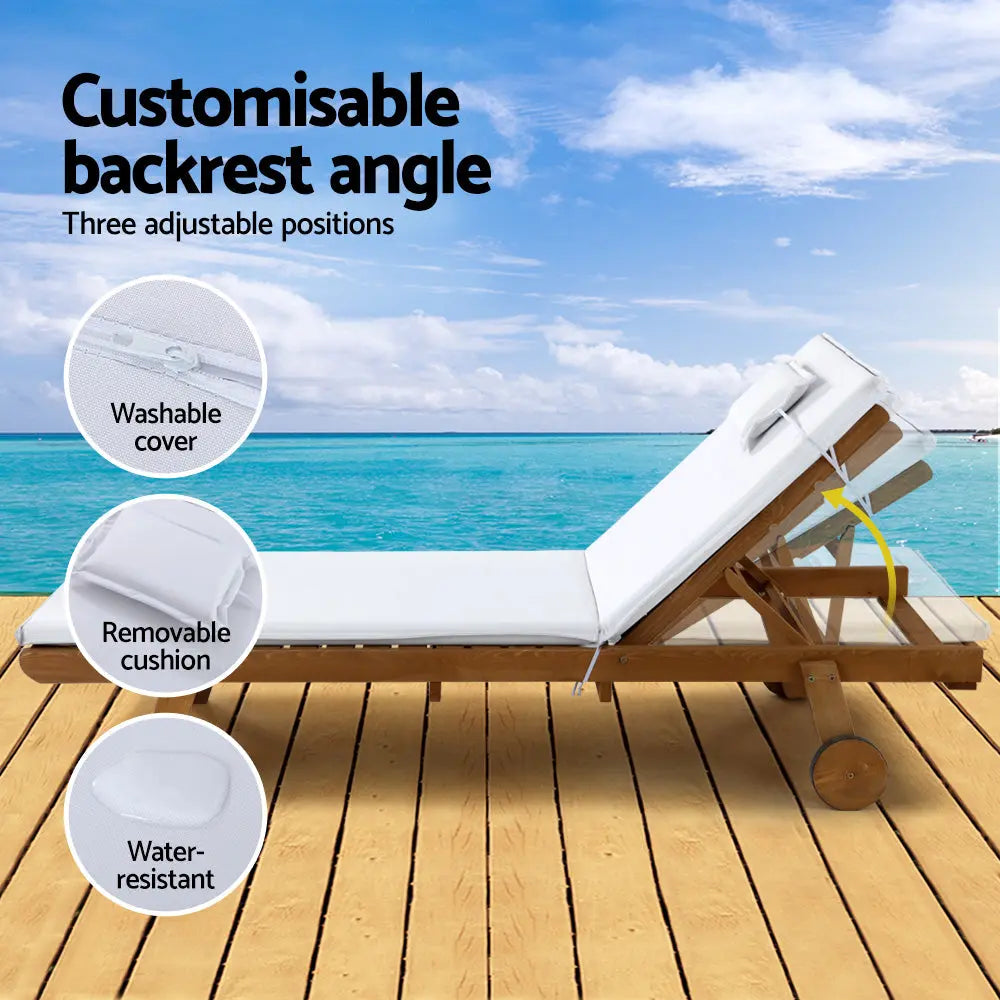 Gardeon Sun Lounge Wooden Lounger Outdoor Furniture Day Bed Wheel Patio White Summer Shield