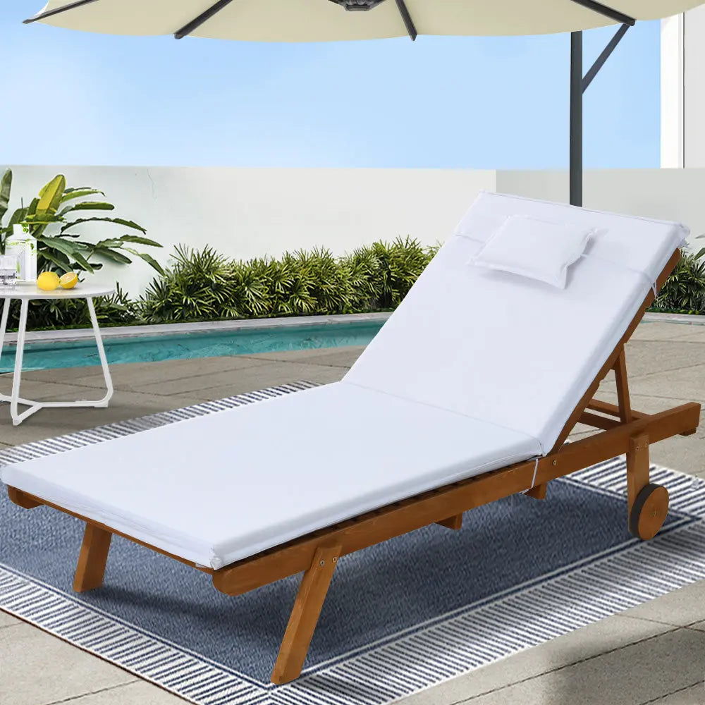 Gardeon Sun Lounge Wooden Lounger Outdoor Furniture Day Bed Wheel Patio White Summer Shield