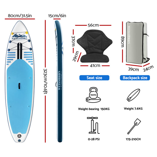 Weisshorn Stand Up Paddle Board Inflatable SUP Surfboard Paddleboard Kayak 10FT