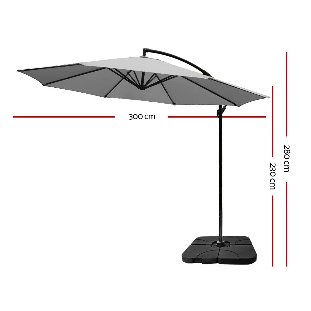 Instahut 3M Umbrella with 50x50cm Base Outdoor Umbrellas Cantilever Sun Stand UV Garden Grey Summer Shield