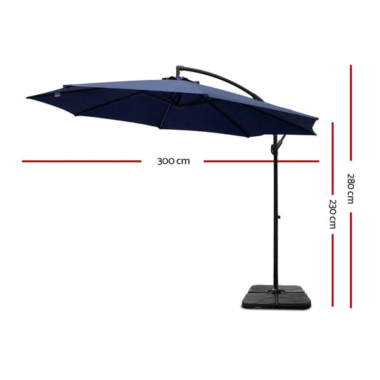 Instahut 3M Umbrella with 50x50cm Base Outdoor Umbrellas Cantilever Sun Stand UV Garden Navy Summer Shield