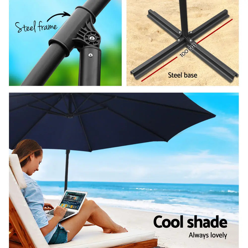 Instahut 3M Umbrella with 50x50cm Base Outdoor Umbrellas Cantilever Sun Stand UV Garden Navy Summer Shield