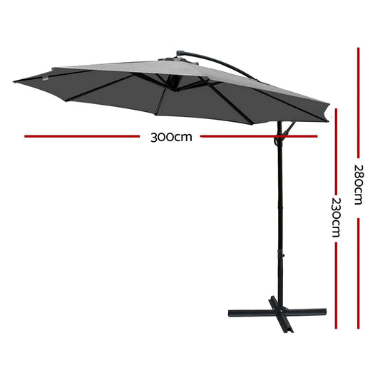 Instahut Outdoor Umbrella 3M Cantilever Beach Garden Grey Summer Shield