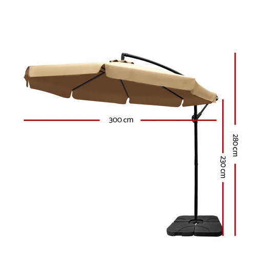 Instahut 3M Umbrella with 50x50cm Base Outdoor Umbrellas Cantilever Patio Sun Beach UV Beige Summer Shield