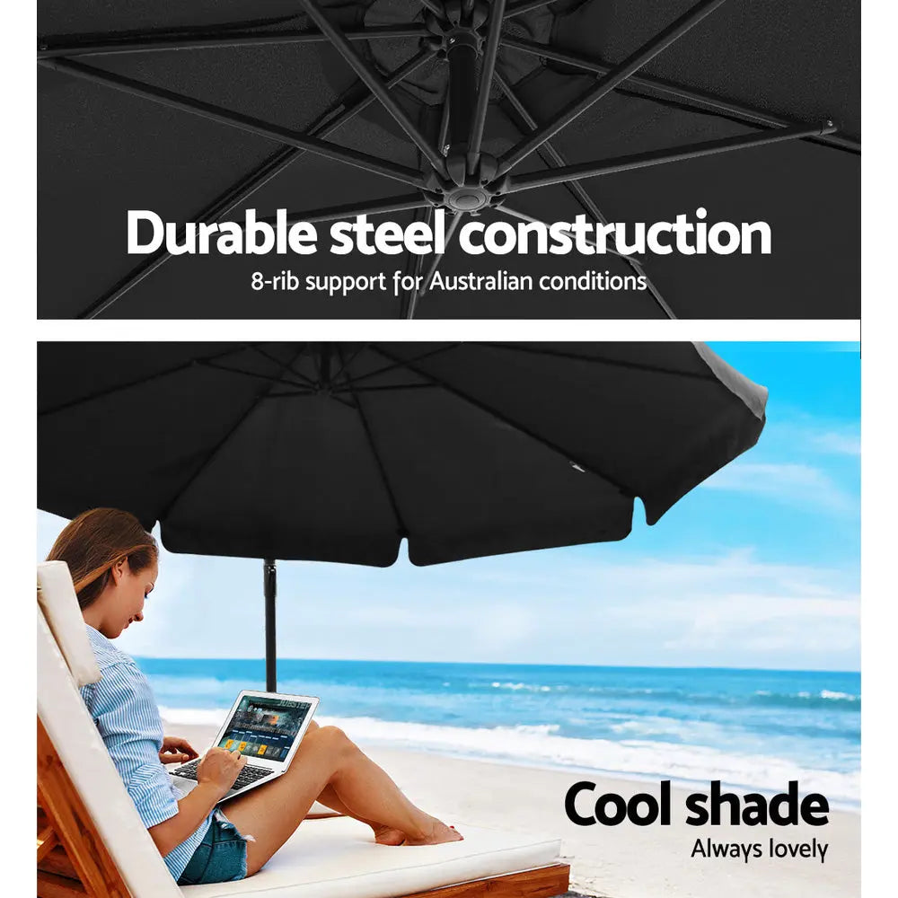 Instahut 3M Umbrella with 50x50cm Base Outdoor Umbrellas Cantilever Patio Sun Beach UV Black Summer Shield