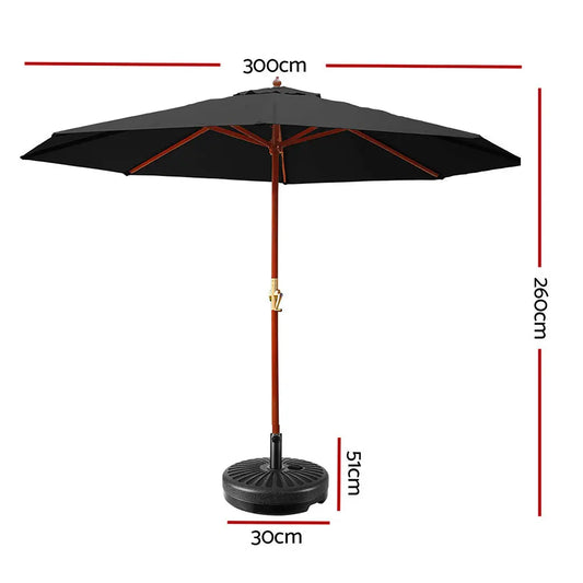 Instahut Outdoor Umbrella 3M with Base Pole Umbrellas Garden Stand Deck Black Summer Shield