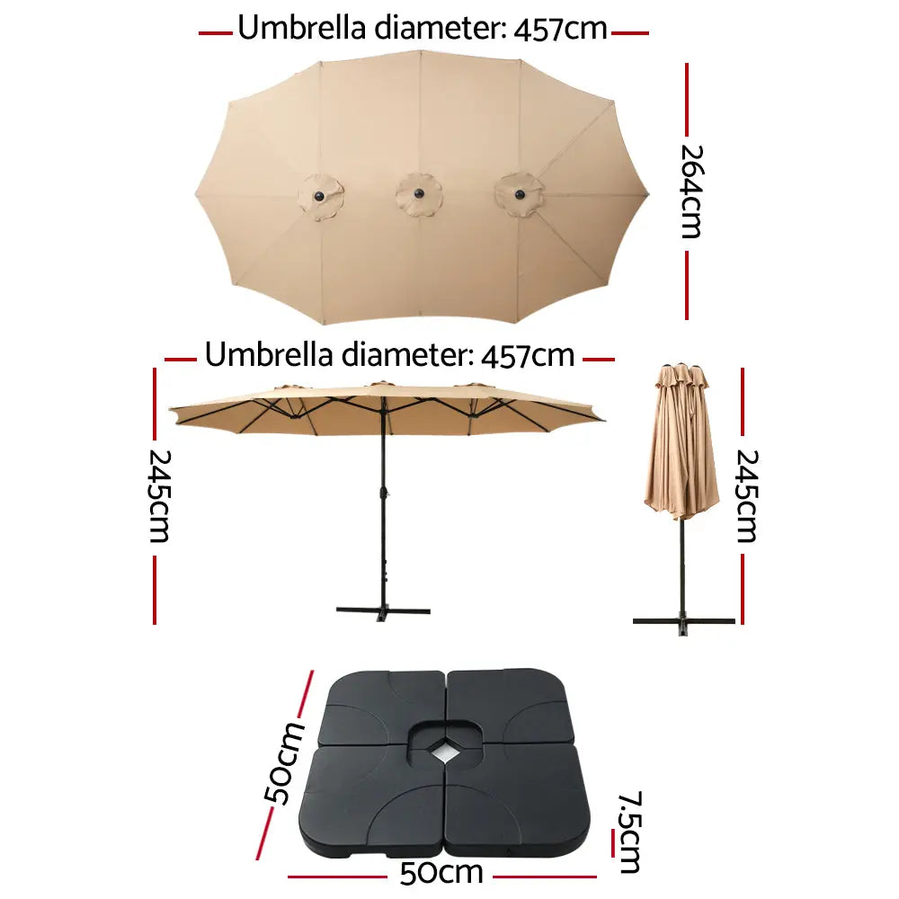 Instahut Outdoor Umbrella Beach Twin Base Stand Garden Sun Shade Beige 4.57m Summer Shield