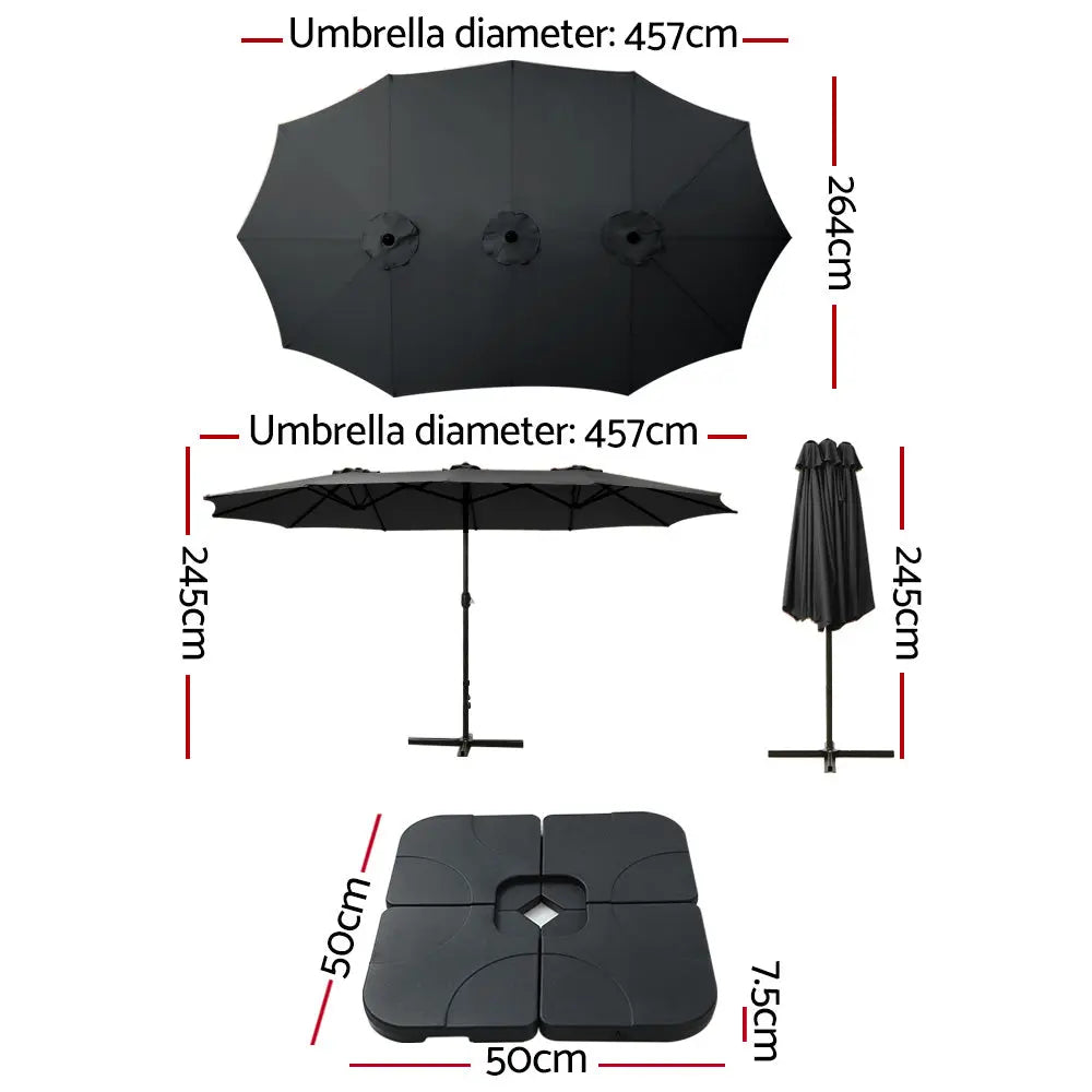 Instahut Outdoor Umbrella Beach Twin Base Stand Garden Sun Shade Black 4.57m Summer Shield