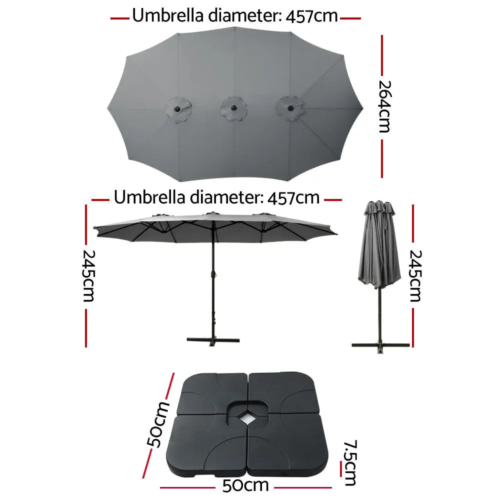 Instahut Outdoor Umbrella Beach Twin Base Stand Garden Sun Shade Charcoal 4.57m Summer Shield