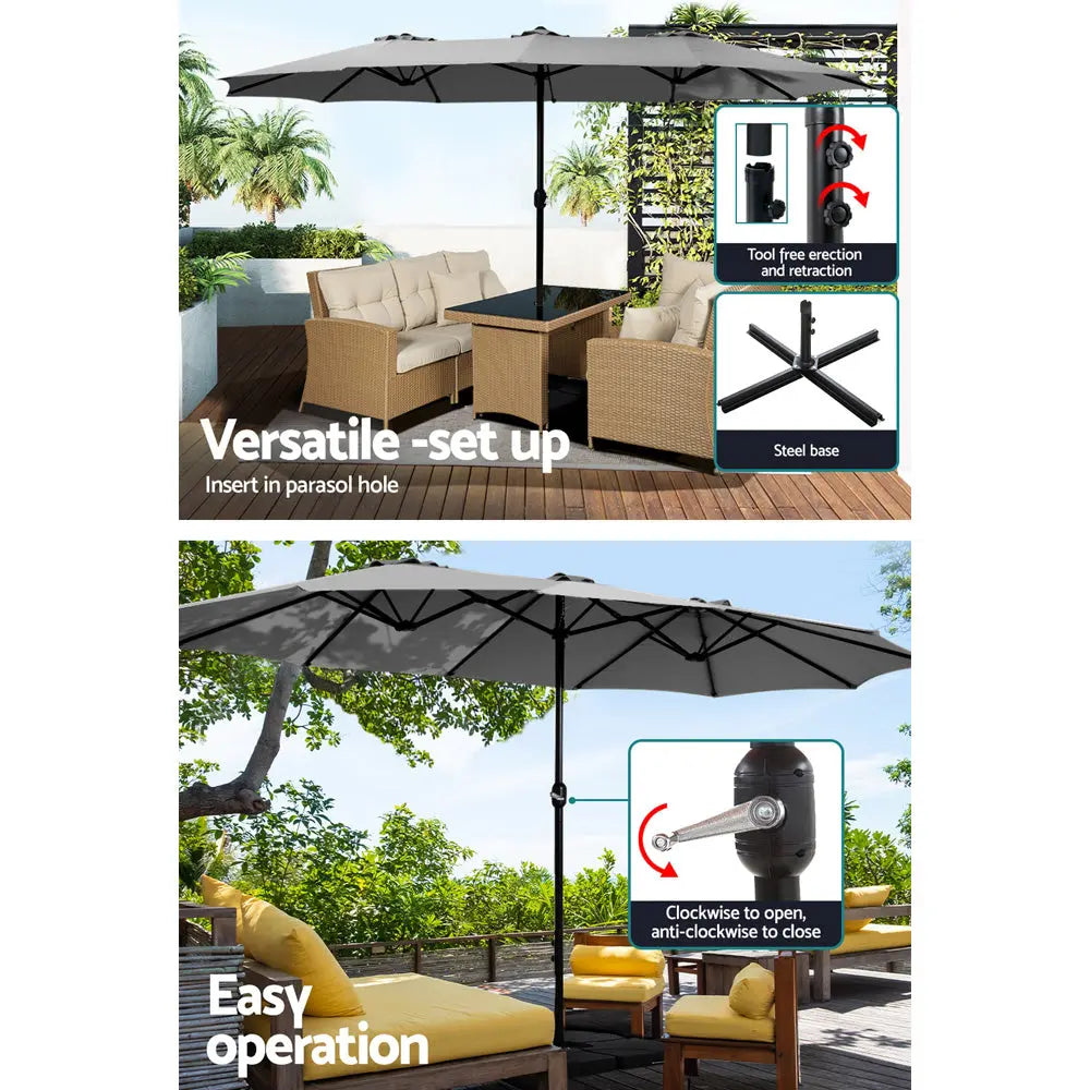 Instahut Outdoor Umbrella Beach Twin Base Stand Garden Sun Shade Charcoal 4.57m Summer Shield