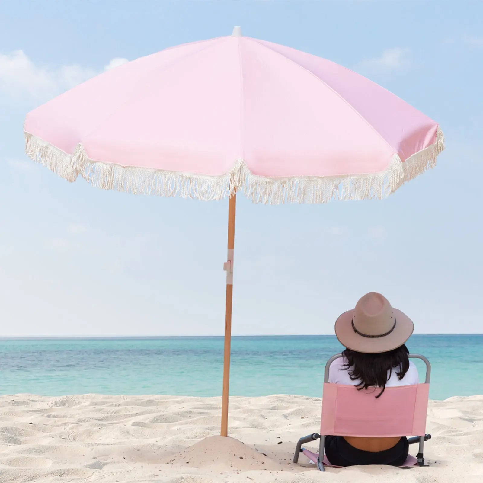 Havana Outdoors Beach Umbrella Portable 2 Metre Fringed Garden Sun Shade Shelter - Dusty Rose Summer Shield