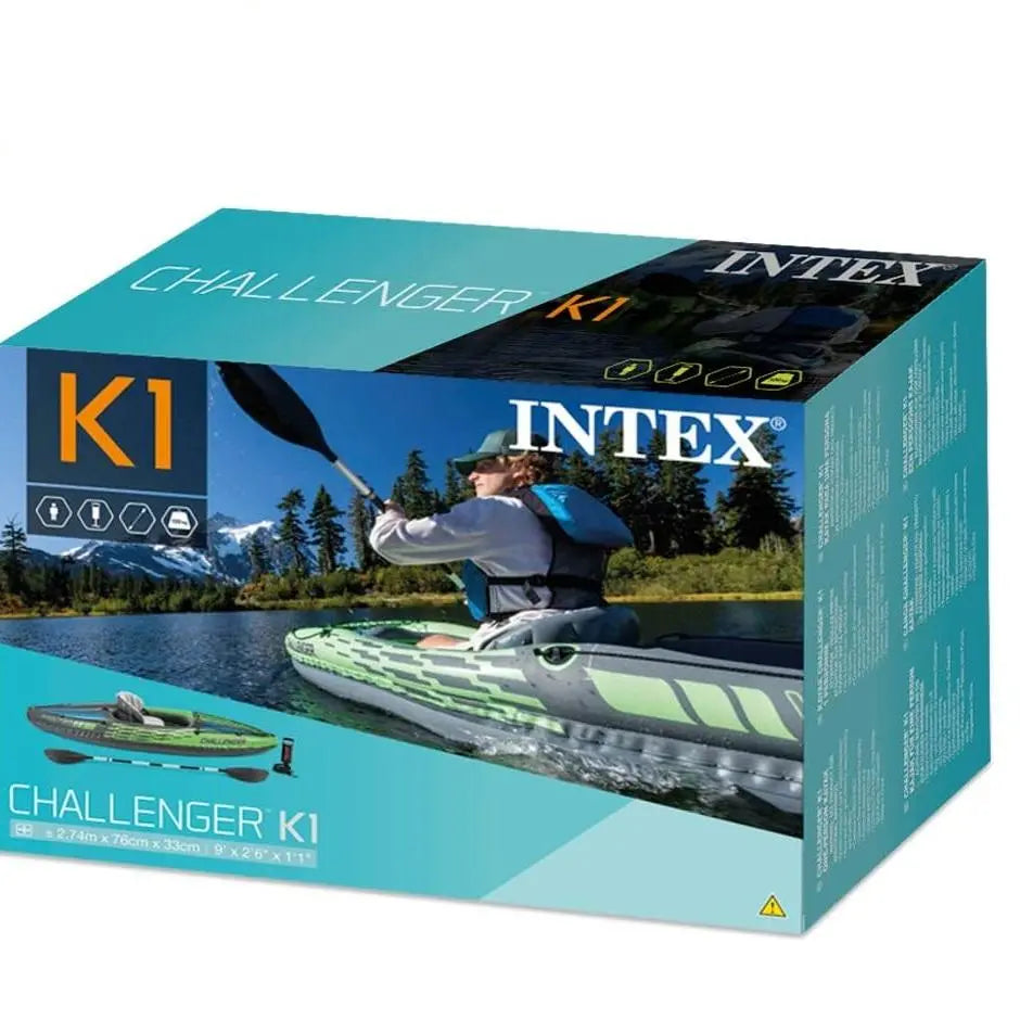 Intex Sports Challenger K1 Inflatable Kayak 1 Seat Floating Boat Oars River Lake 68305NP Summer Shield