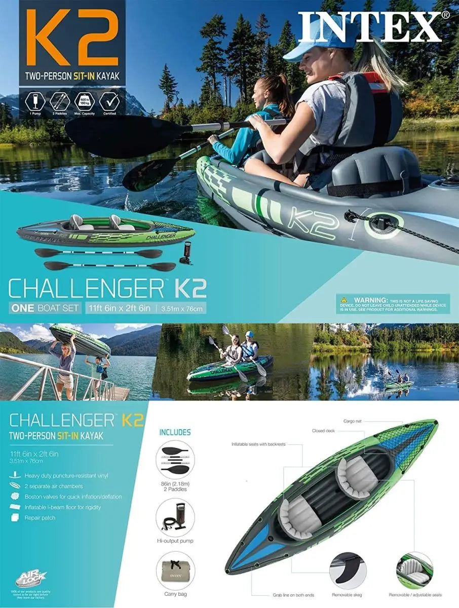 Intex Sports Challenger K2 Inflatable Kayak 2 Seat Floating Boat Oars River/Lake 68306NP Summer Shield