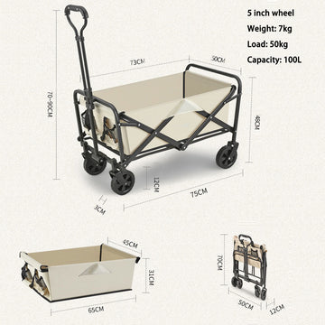 5 Inch Wheel Beige Folding Beach Wagon Cart Trolley Garden Outdoor Picnic Camping Sports Market Collapsible Shop