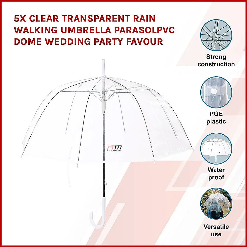 5x Clear Transparent Rain Walking Umbrella Parasol PVC Dome Wedding Party Favour Summer Shield