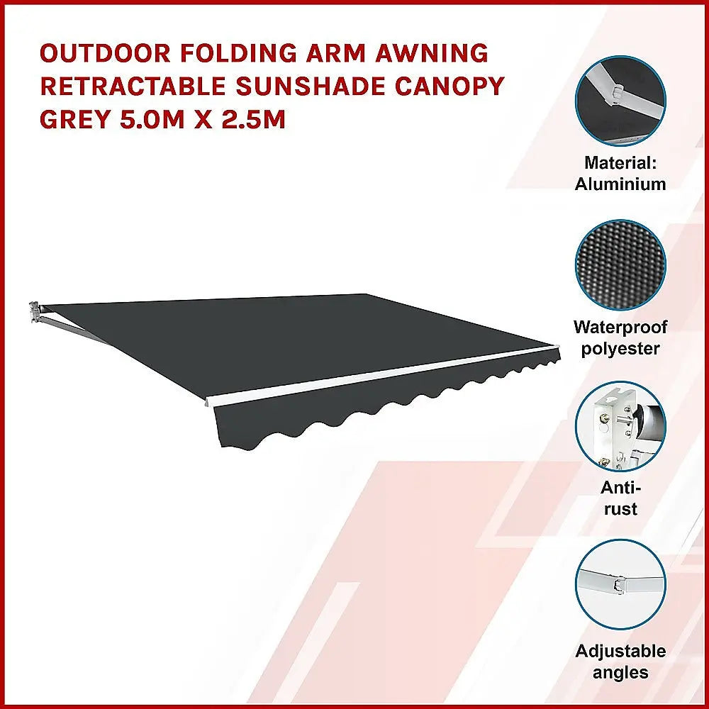 Outdoor Folding Arm Awning Retractable Sunshade Canopy Grey 5.0m x 2.5m Summer Shield