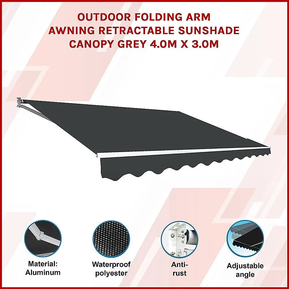 Outdoor Folding Arm Awning Retractable Sunshade Canopy Grey 4.0m x 3.0m Summer Shield