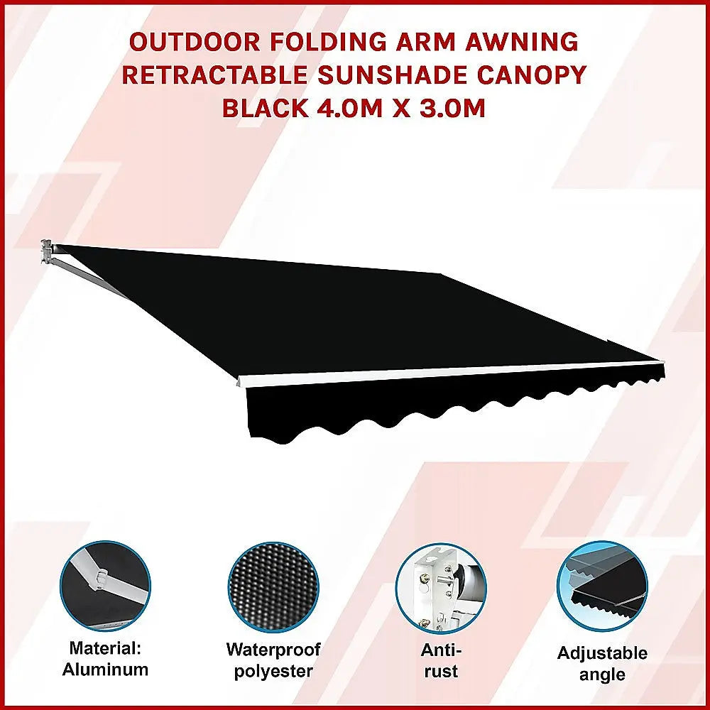 Outdoor Folding Arm Awning Retractable Sunshade Canopy Black 4.0m x 3.0m Summer Shield