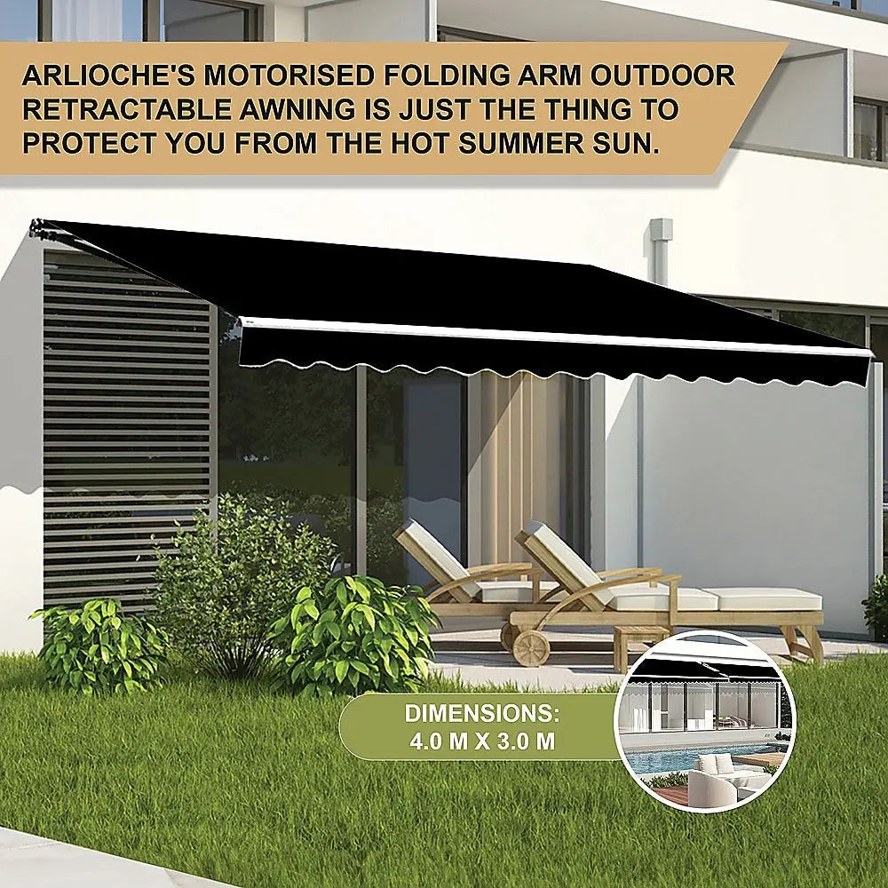 Outdoor Folding Arm Awning Retractable Sunshade Canopy Black 4.0m x 3.0m Summer Shield