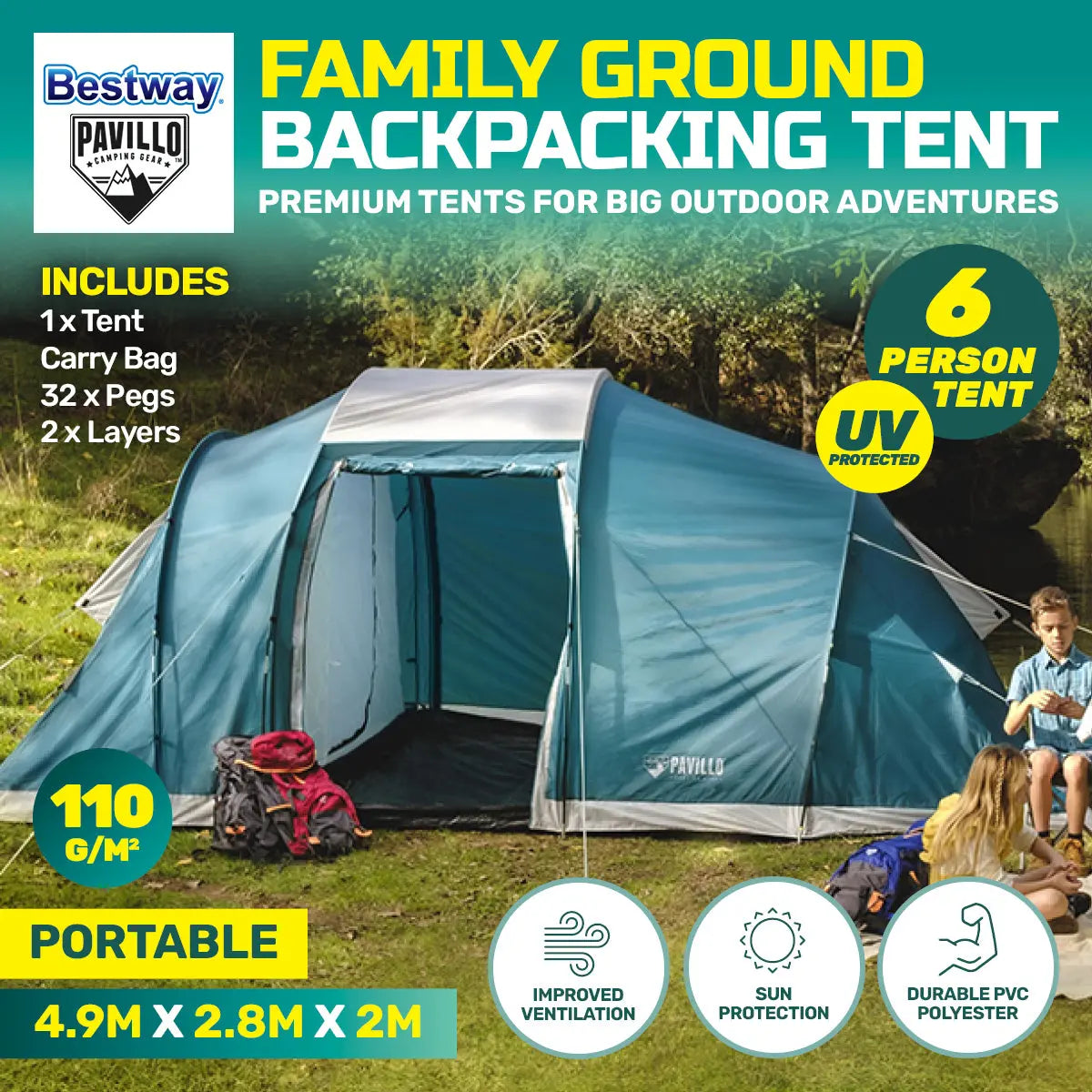 Bestway 4.9m x 2.m Tent 6 Person UV Protected Premium Double Layered PVC Summer Shield