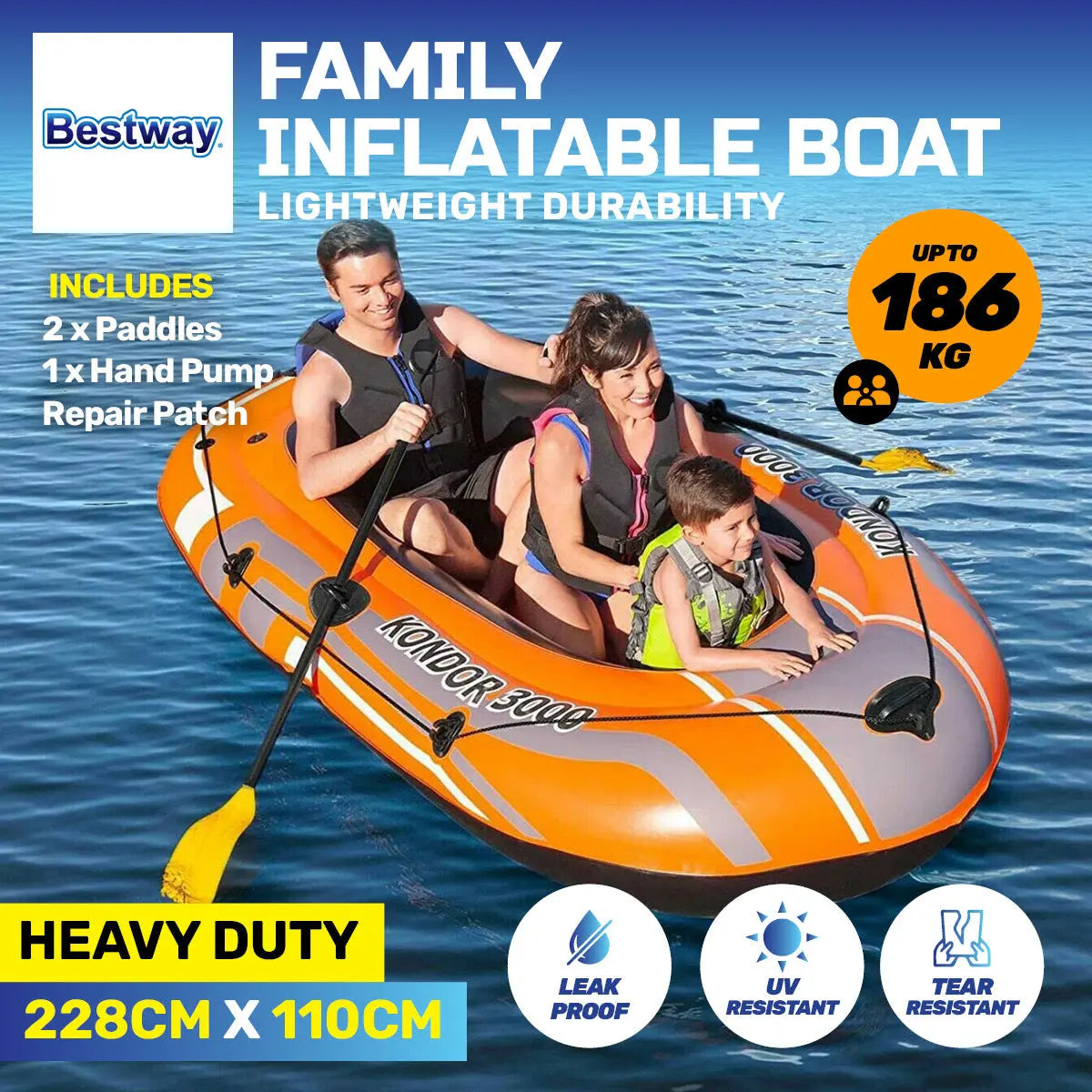 Bestway Kondor 3000 Inflatable Boat UV Resistant Leak Proof Beach Pool Fun 228cm x 110cm Summer Shield