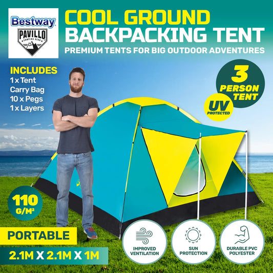 Bestway 2.1m x 2.1m Tent 3 Person UV Protected Double Layered Carry Bag Pegs Summer Shield