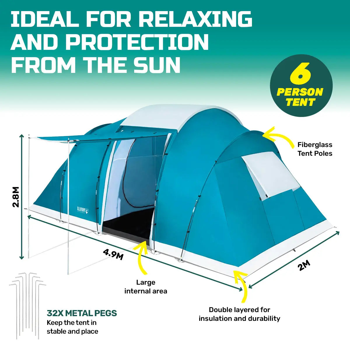 Bestway 4.9m x 2.m Tent 6 Person UV Protected Premium Double Layered PVC Summer Shield