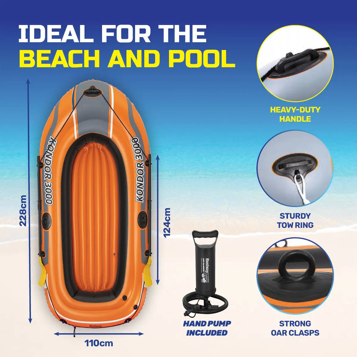 Bestway Kondor 3000 Inflatable Boat UV Resistant Leak Proof Beach Pool Fun 228cm x 110cm Summer Shield