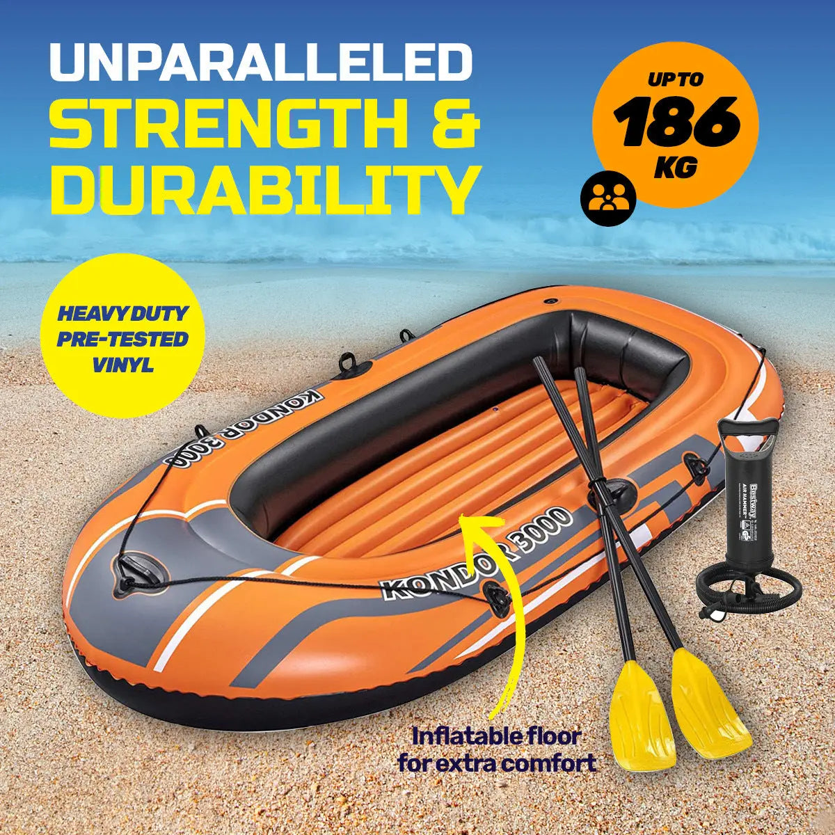 Bestway Kondor 3000 Inflatable Boat UV Resistant Leak Proof Beach Pool Fun 228cm x 110cm Summer Shield