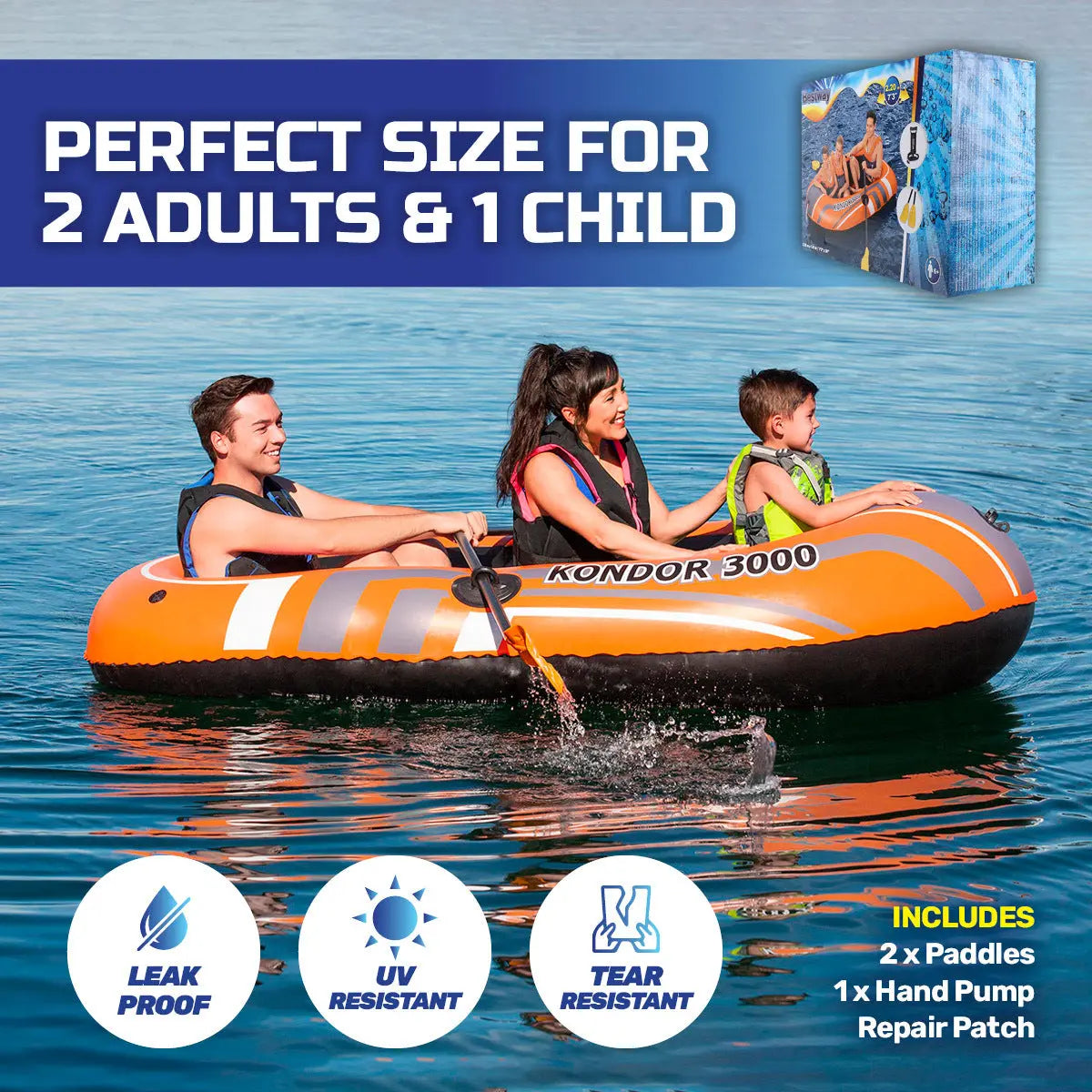 Bestway Kondor 3000 Inflatable Boat UV Resistant Leak Proof Beach Pool Fun 228cm x 110cm Summer Shield