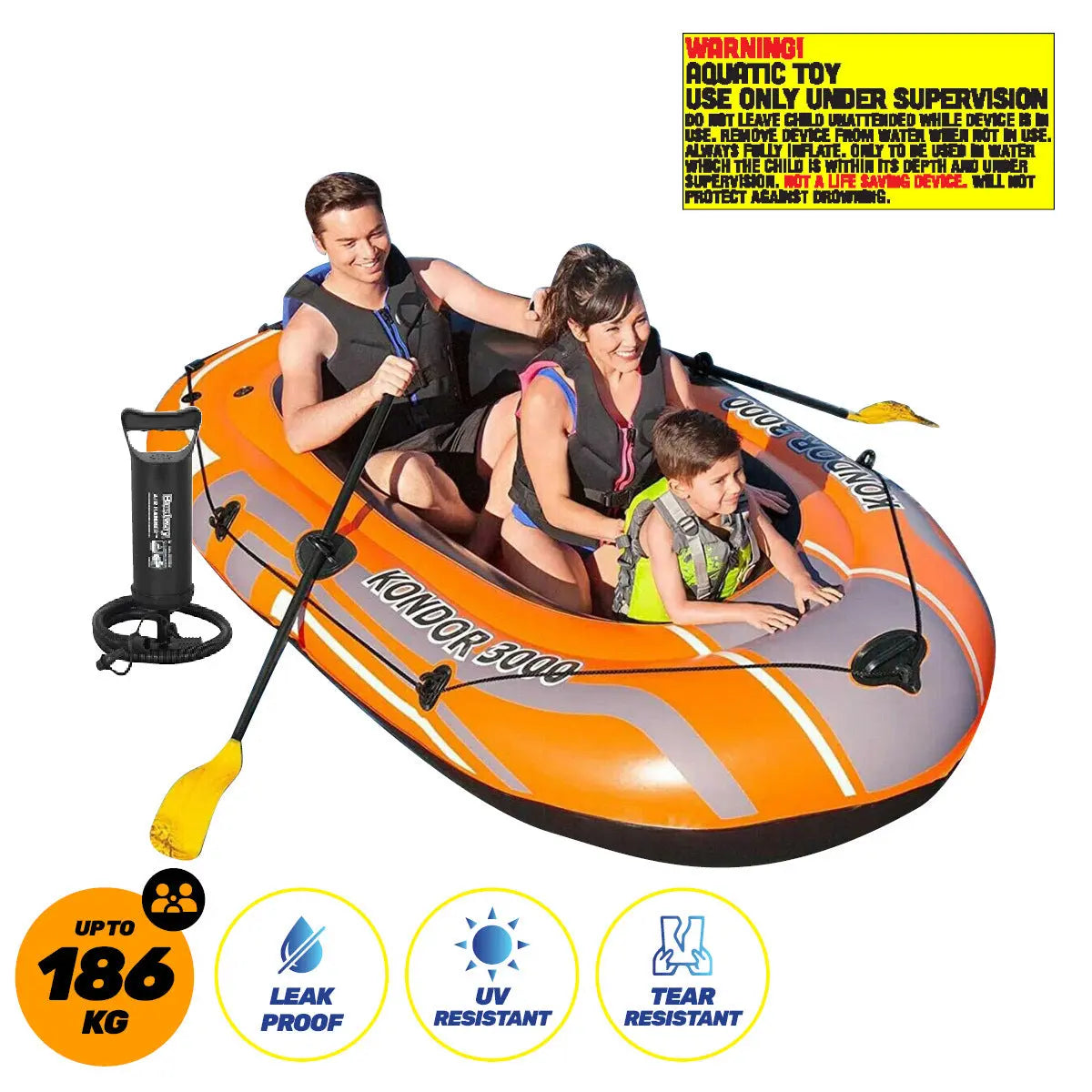 Bestway Kondor 3000 Inflatable Boat UV Resistant Leak Proof Beach Pool Fun 228cm x 110cm Summer Shield